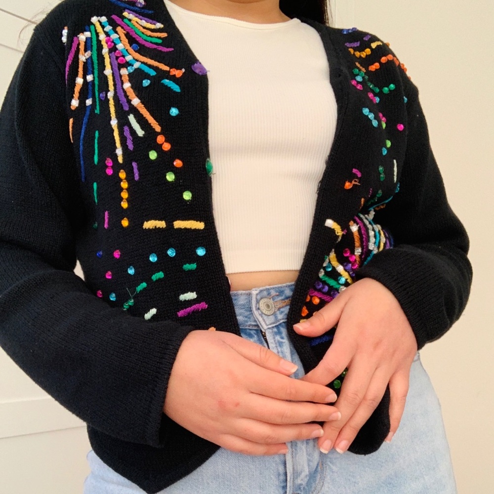 Fredericks of Hollywood Black Colorful Cardigan Size Large